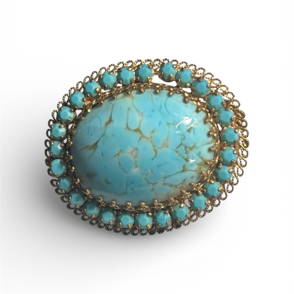 Jewelry - Vintage Austrian Hubble Glass Cabochon Turquoise and Gold Brooch